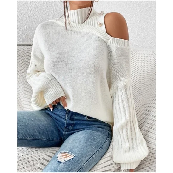 Cozy Cream Cut out Shoulder Oversized Sweater Top - Picture 5 of 5